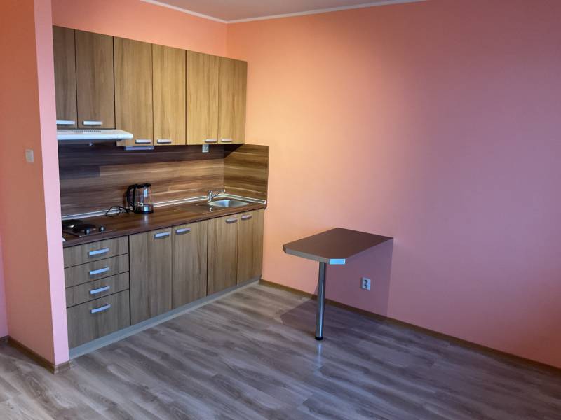 Küchenecke in einem Einzimmerapartment mit Holzboden und orangefarbenen Wänden.
