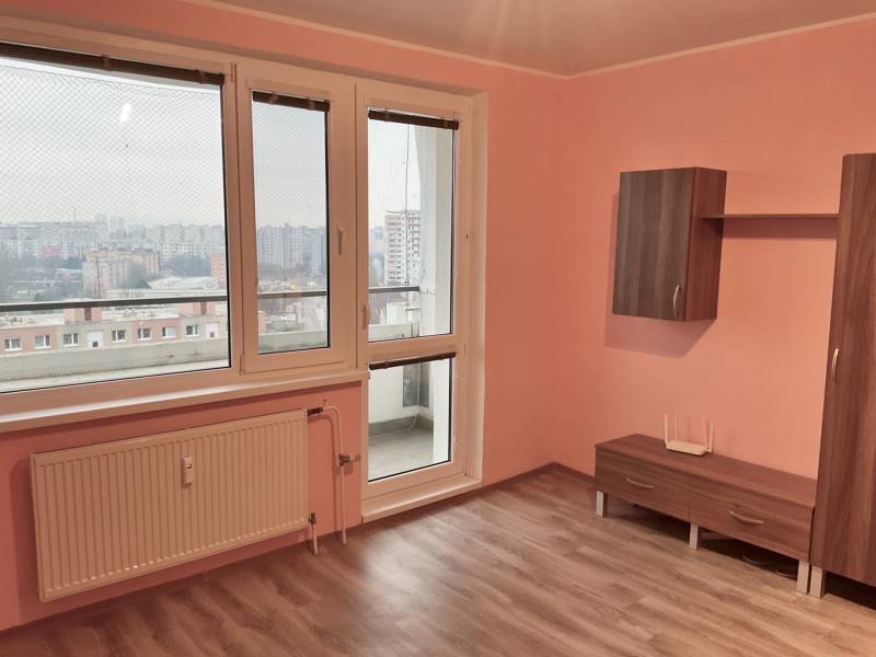 Einzimmerwohnung mit Holzboden, Blick auf Bratislava durch große Fenster.