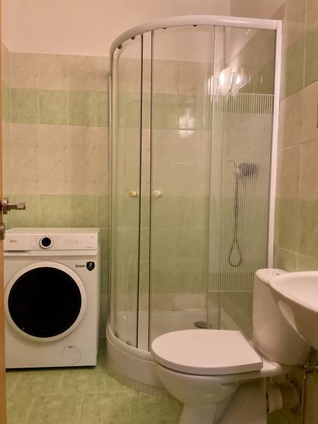 Badezimmer mit Waschmaschine, Dusche und Toilette in einem Studio.