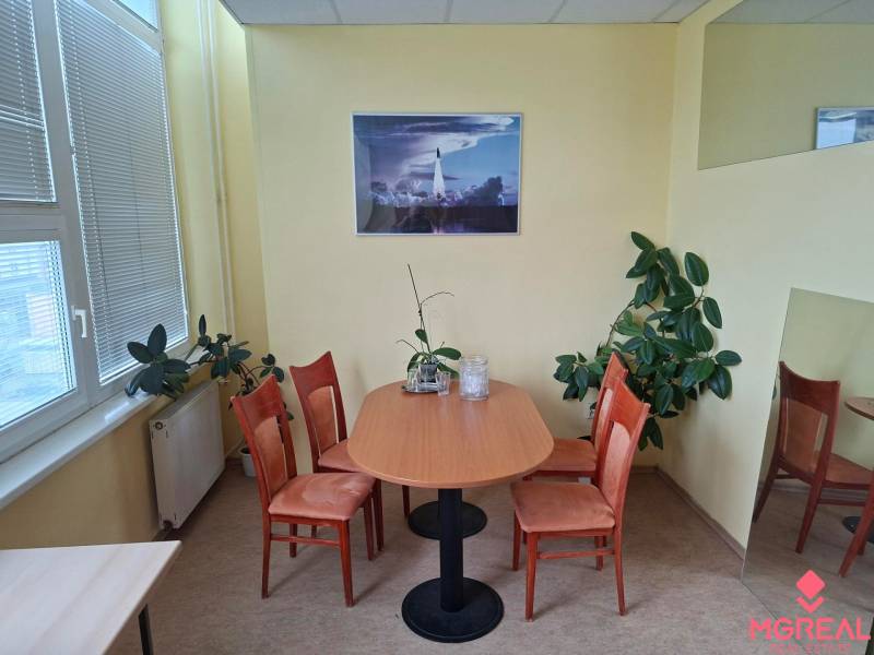 Büro mit einem ovalen Tisch und vier Stühlen, Pflanzen und einem Bild an der Wand.