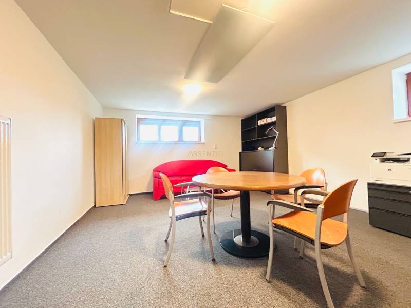 Büro in einem Einfamilienhaus mit Fenstern, Tisch, Stühlen, Sofa und Schrank.