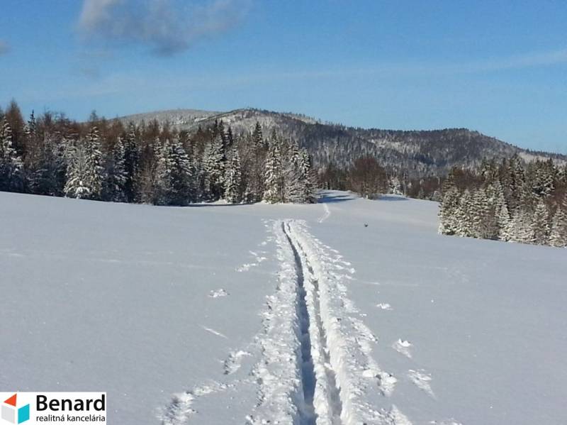 Freizeitgrundstücke bei Litmanová, bedeckt mit Schnee, umgeben von verschneiten Bäumen und Hügeln.