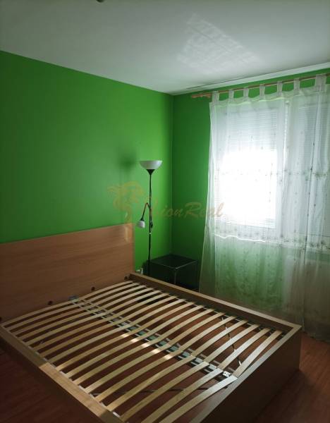 Schlafzimmer in einer Einzimmerwohnung mit Bett, grünen Wänden und Holzboden.