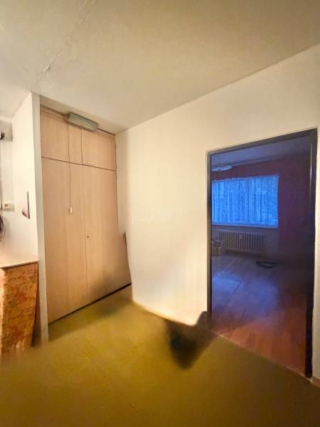 Flur mit Einbauschrank in einer 3-Zimmer-Wohnung, Eingang zum Zimmer mit Holzboden.