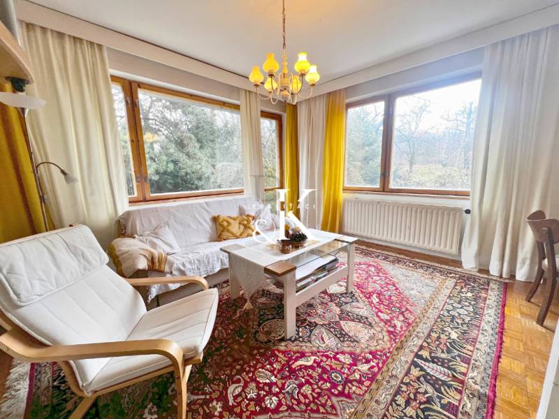 Helles Wohnzimmer mit Holzdekorboden, Teppich, weißen Möbeln, großen Fenstern.