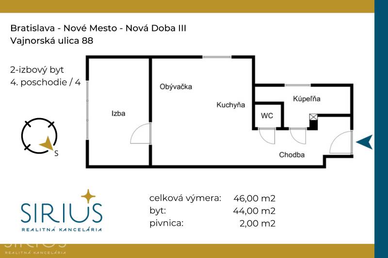 Grundriss einer 2-Zimmer-Wohnung in der Vajnorská Straße 88, Bratislava - Nové Mesto, Nová Doba III.