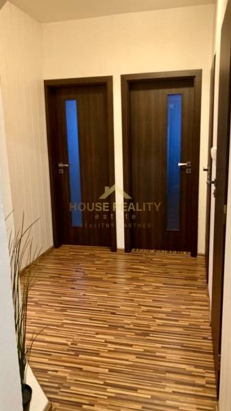 Eingangsflur mit zwei Türen, Holzboden und einer Pflanze.