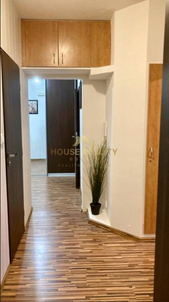 Der Flur in der 3-Zimmer-Wohnung mit einem Boden in Holzoptik und Einbauschränken.