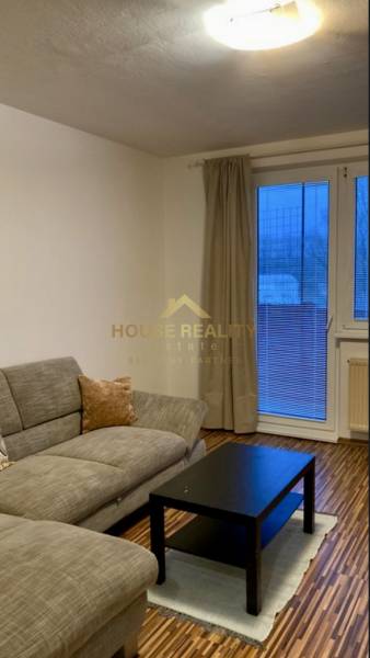 Wohnzimmer mit Sofa, schwarzem Tisch und Holzboden in einer 3-Zimmer-Wohnung.