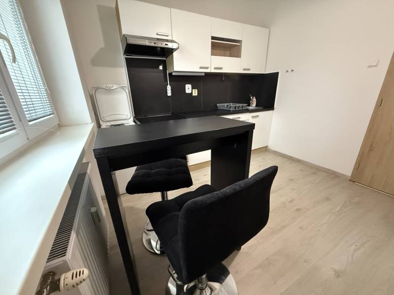 Küche mit Sitzbereich und Bodenbelag in Holzoptik in einer Einzimmerwohnung.