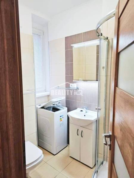 Badezimmer in einem Studio-Apartment mit Waschmaschine, Duschkabine und Waschbecken.