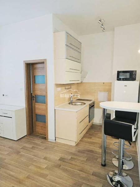 Einzimmerwohnung mit Kochnische, Bartresen und Boden in Holzoptik.