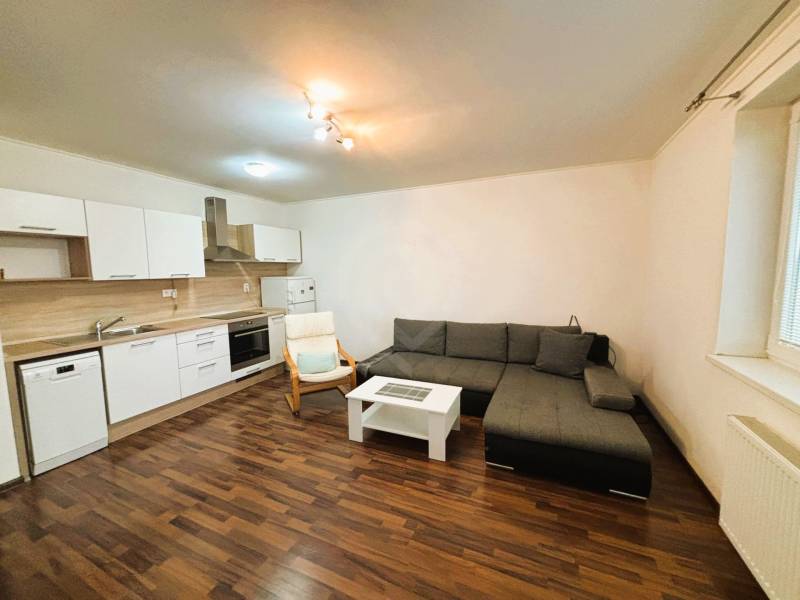 Wohnzimmer in einer 2-Zimmer-Wohnung mit einer Eckcouch und einer Küchenzeile.