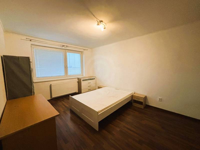 Schlafzimmer in einer 2-Zimmer-Wohnung mit Holzboden, Bett und Kleiderschrank.
