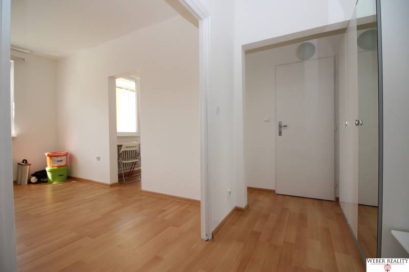 Innenraum einer Einzimmerwohnung, weiße Wände, Boden mit Holzdekor, Einbauschrank.