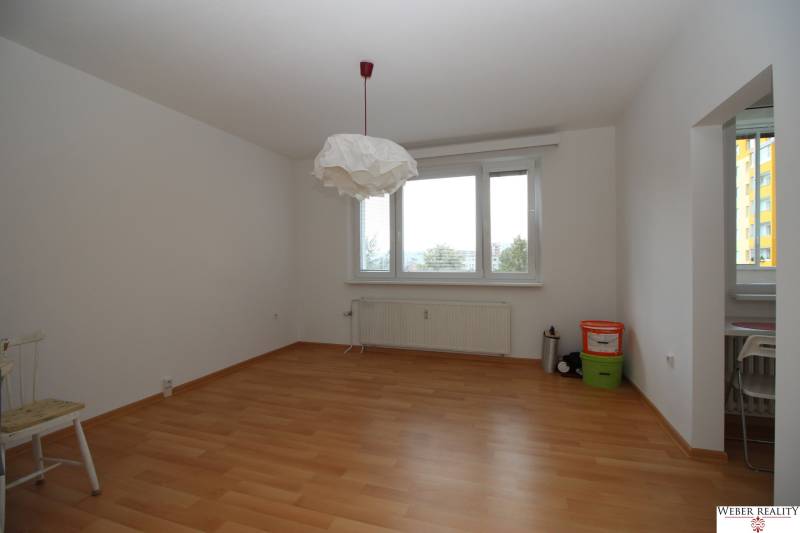 Helles Zimmer mit Holzdekorboden und großem Fenster, Einzimmerwohnung.
