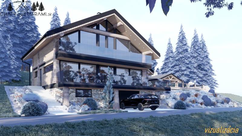 Holzhütte mit verglaster Terrasse in winterlicher Landschaft in Mýto pod Ďumbierom.