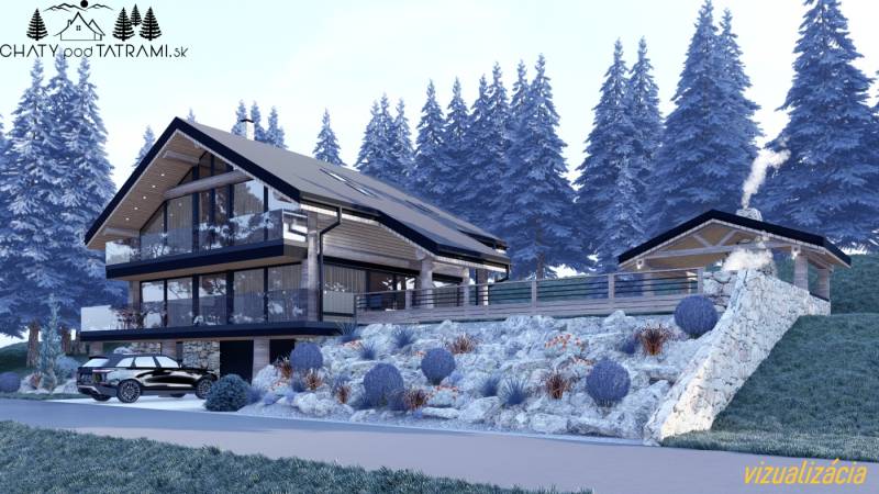 Eine moderne Hütte in der Berglandschaft von Mýto pod Ďumbierom, die zum Wohnen bestimmt ist.