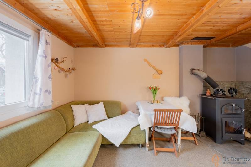 Innenraum einer Hütte mit Kachelofen, grünem Sofa und Tisch. Holzdecke und Dekorationen.