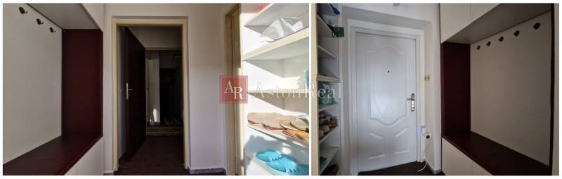 Das Innere eines Einfamilienhauses mit Schuhen auf den Regalen und weißen Türen.