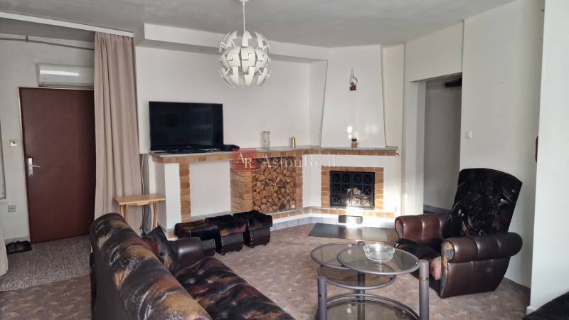 Wohnzimmer mit Kamin in einem Einfamilienhaus, Ledersessel und Couchtisch.