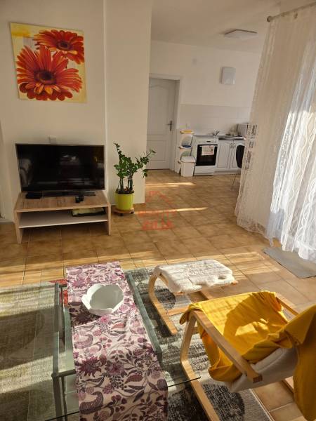 Wohnzimmer in einem Einfamilienhaus mit Sofa, Fernseher und Blick auf die Küche.