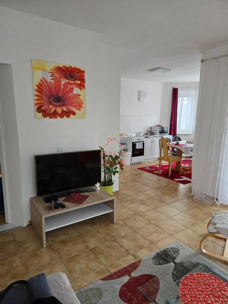 Wohnzimmer in einem Einfamilienhaus mit Fernseher, buntem Teppich und Bild an der Wand.