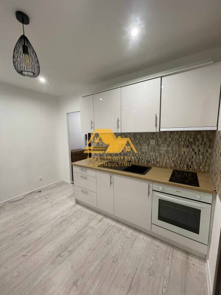 Küche in einer Einzimmerwohnung mit heller Küchenzeile und Boden in Holzoptik.