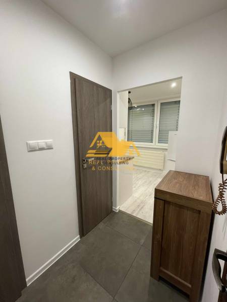 Innenraum einer Einzimmerwohnung mit Fliesen und Boden in Holzoptik.