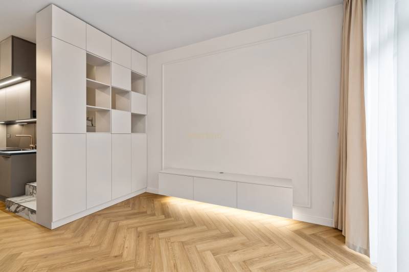 In der 2-Zimmer-Wohnung gibt es einen weißen Einbauschrank und einen Boden mit Holzdekor.