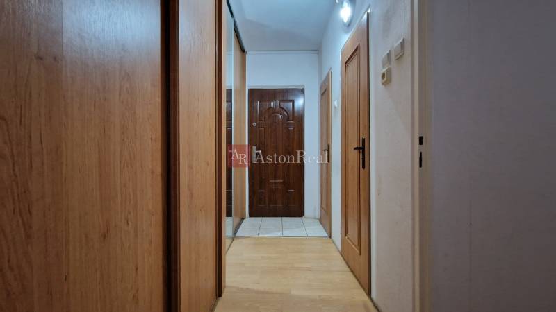 Flur in einer 2-Zimmer-Wohnung mit einem Boden in Holzoptik und einem Einbauschrank.