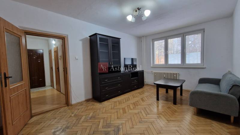 Wohnzimmer einer Zweizimmerwohnung mit Sofa, dunklen Möbeln und Holzboden.