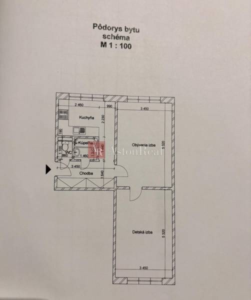 Grundriss einer 2-Zimmer-Wohnung mit Bezeichnung der Räume: Küche, Badezimmer, Wohnzimmer, Flur.