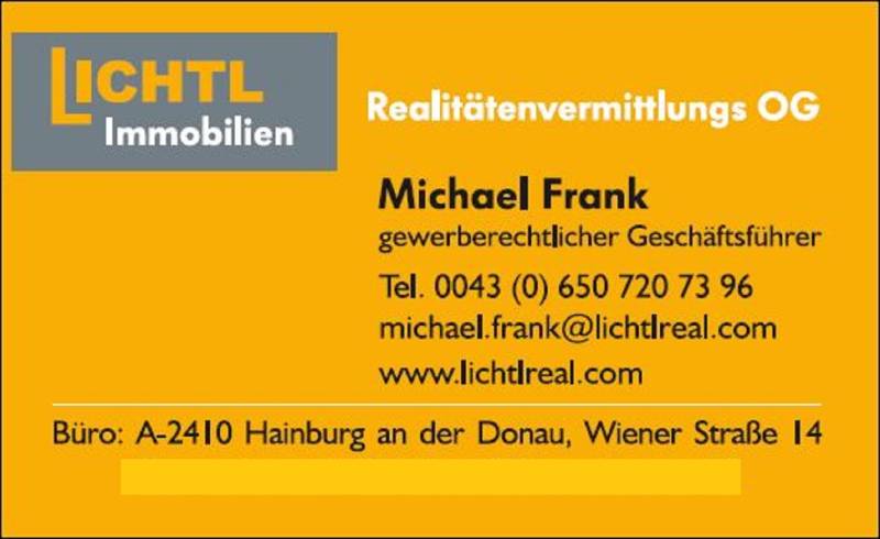 Visitenkarte für Immobilien- und Einfamilienhäuser mit Kontakt zu Michael Frank.