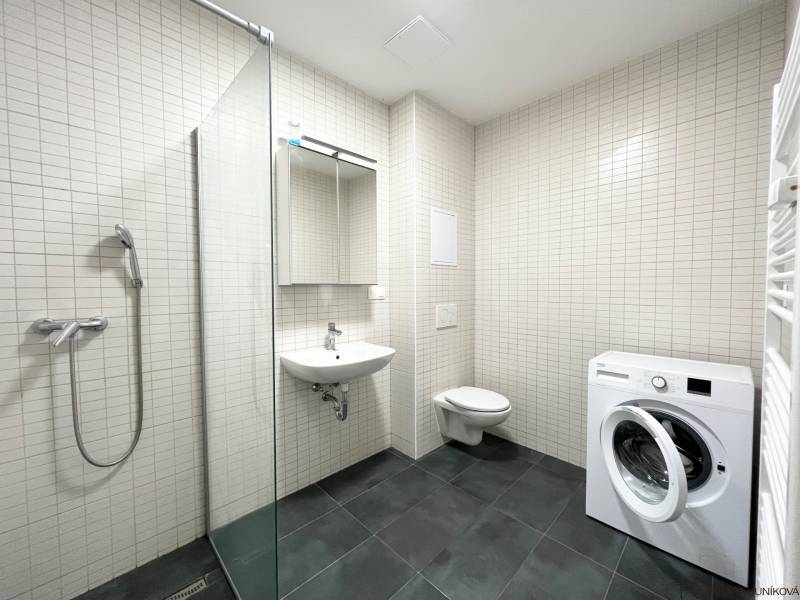Badezimmer in einer Einzimmerwohnung mit Waschmaschine, Duschkabine, Waschbecken und Toilette.