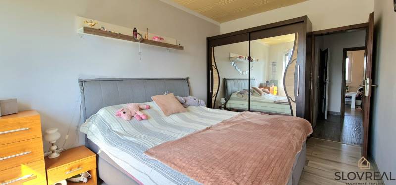 Schlafzimmer in einer 2-Zimmer-Wohnung mit einem Spiegelschrank und einem gepolsterten Bett.