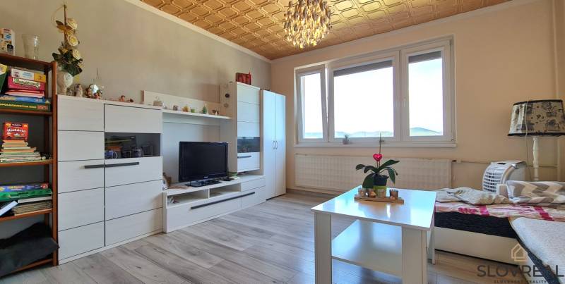 Ein Zimmer in einer 2-Zimmer-Wohnung mit Möbeln, Holzboden und Dekorationen.