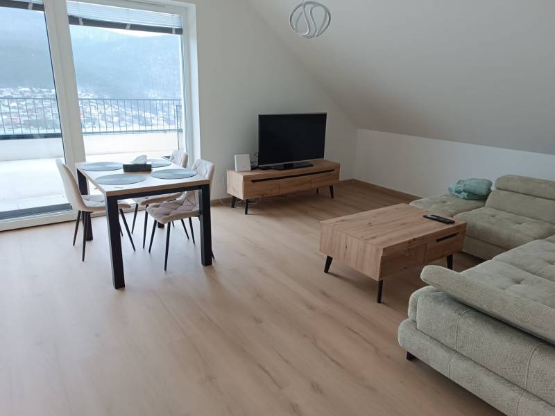 Wohnzimmer in einer Zweizimmerwohnung mit Holzboden, Esstisch und Sofa.