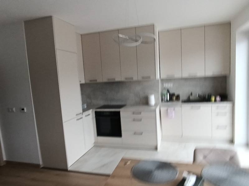 Küche in einer 2-Zimmer-Wohnung mit minimalistischen Schränken und einem Boden in Holzoptik.