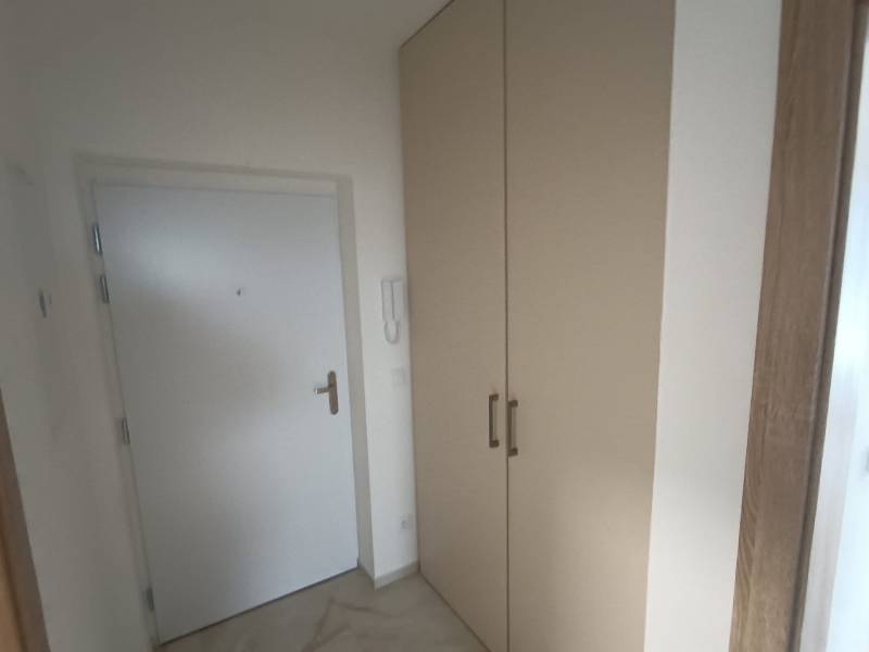 Eingangsflur mit weißen Türen und einem großen Schrank in einer 2-Zimmer-Wohnung.