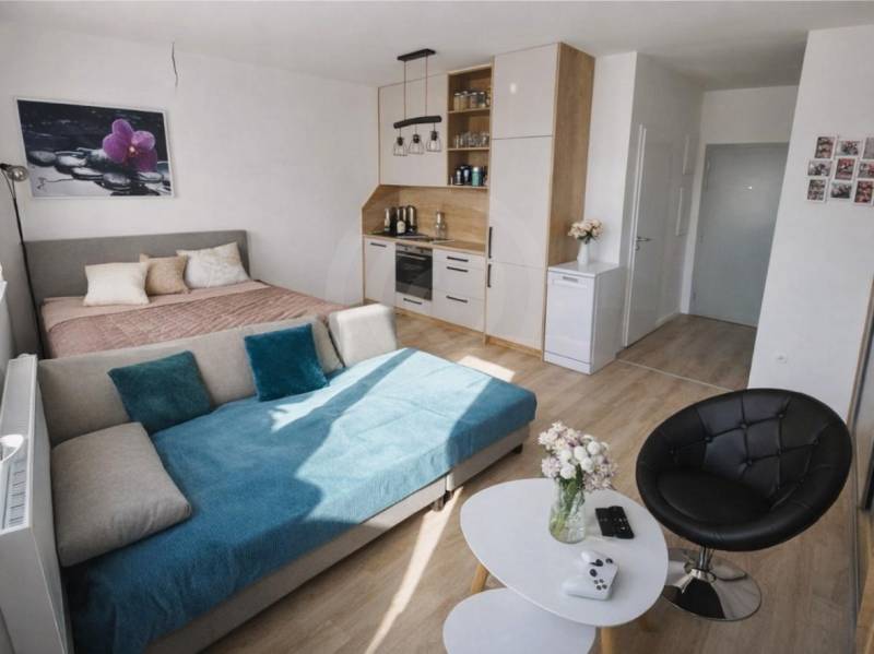 Einzimmerwohnung mit Bett, Sofa, Küchenzeile und Boden in Holzoptik.