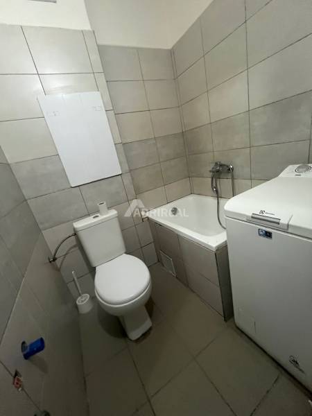 Badezimmer einer Einzimmerwohnung mit Waschmaschine, Badewanne und Toilette.