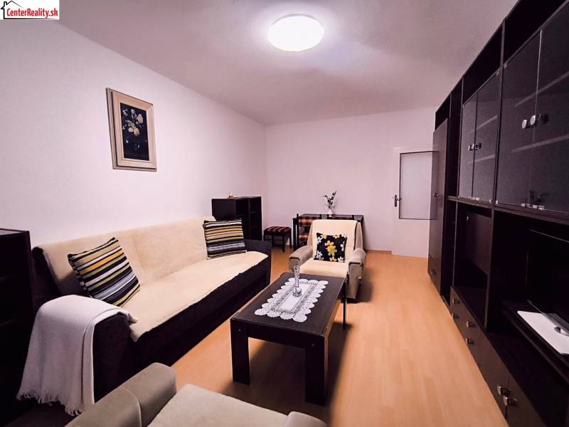 Wohnzimmer mit Sofa, dekorativen Kissen und Holzboden in einer Zweizimmerwohnung.