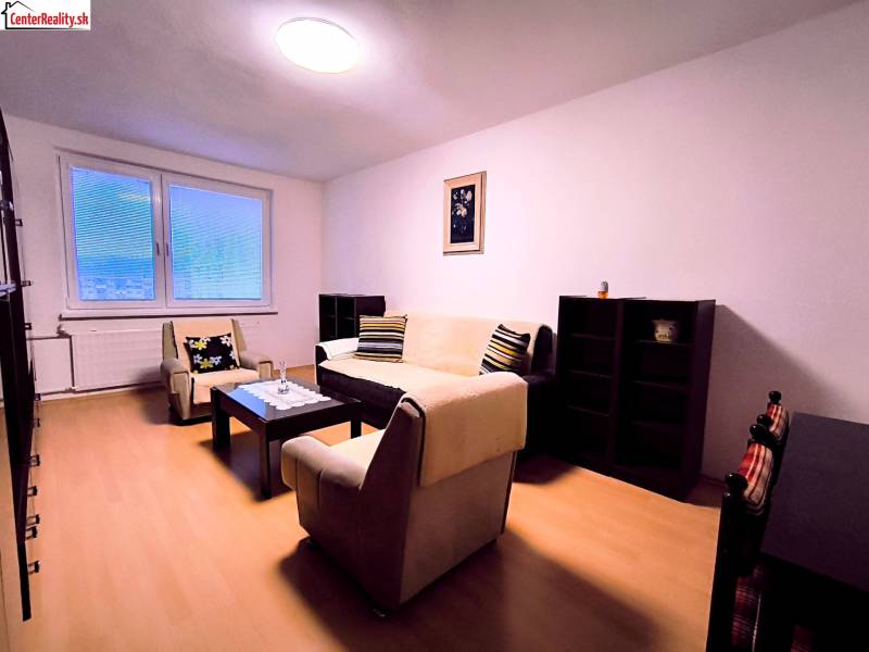 Wohnzimmer in einer 2-Zimmer-Wohnung mit minimalistischen Möbeln und einem Boden in Holzoptik.