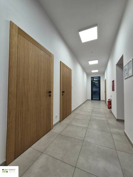 Ein Flur mit hellen Fliesen, Holztüren und Deckenleuchten in einer Einzimmerwohnung.