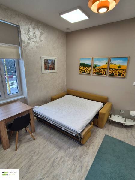 Ein Zimmer mit einem ausziehbaren Sofa, einem Tisch und einem Sessel, Boden mit Holzdekor.