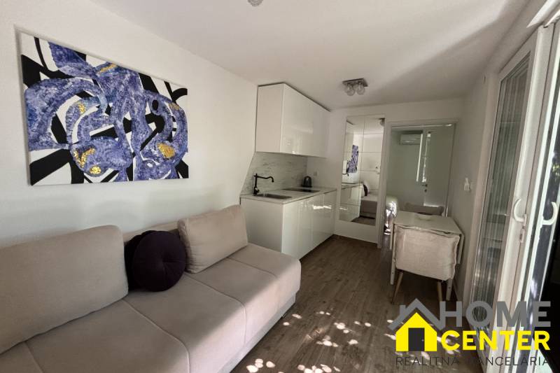 Wohnzimmer eines Einfamilienhauses mit Sofa, Küchenzeile und dekorativer Kunst an der Wand.