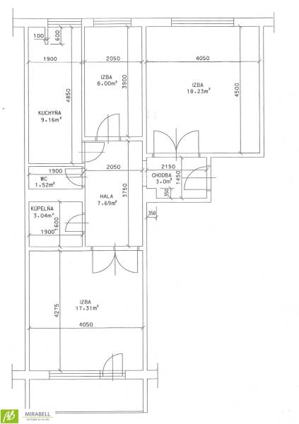 Grundriss einer 3-Zimmer-Wohnung mit Küche, Diele, Badezimmer und Flur.