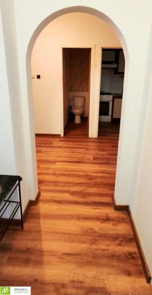 3-Zimmer-Wohnung mit Holzboden, Bogen, Toilette und Küche im Hintergrund.