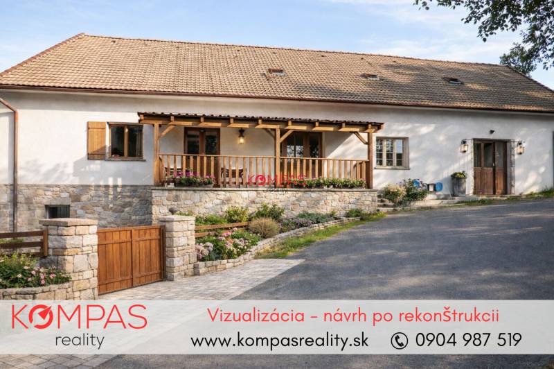 Ein Einfamilienhaus mit Satteldach und Steinmauer in der Gemeinde Vígľašská Huta-Kalinka.